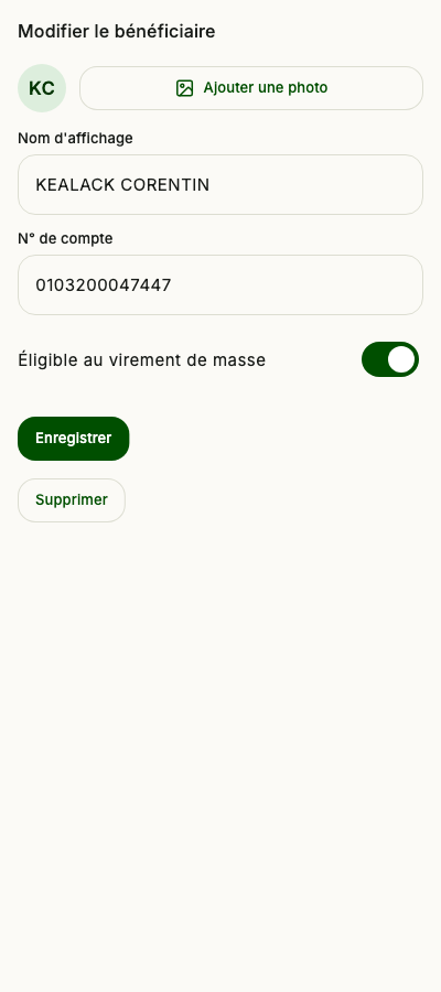 Édition d'un bénéficiaire : photo et éligibilité au virement de masse