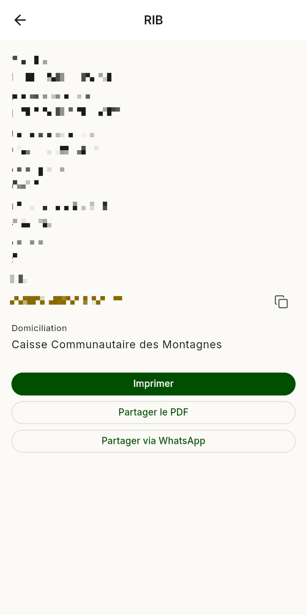 Écran RIB avec options d'impression et de partage